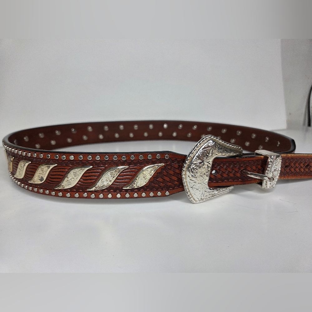 Brown Western Leather Belt with Silver Buckle